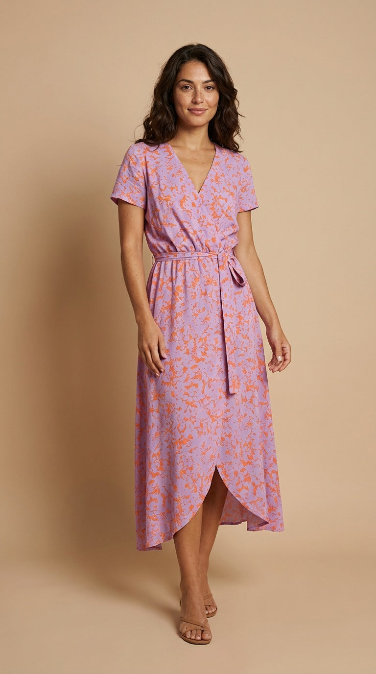 Ramona | Floral Midi Wrap Dress with V Neck and Short Sleeves