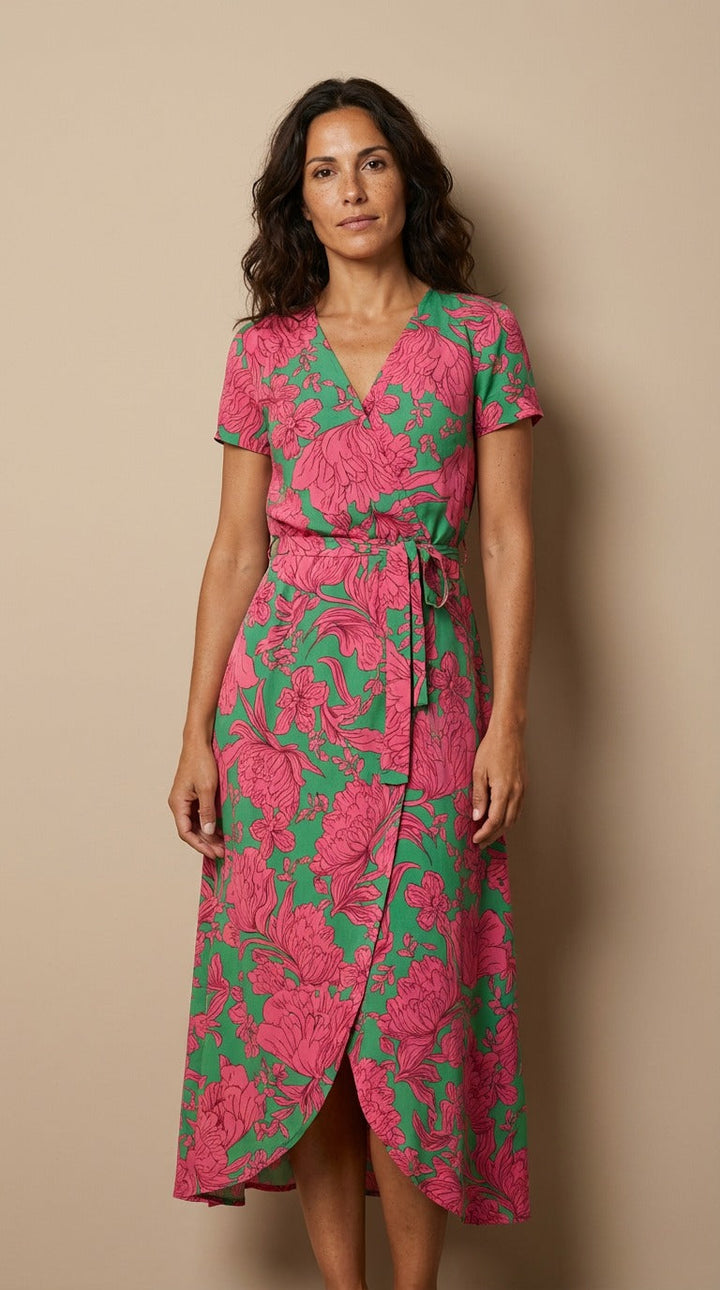 Ramona | Floral Midi Wrap Dress with V Neck and Short Sleeves