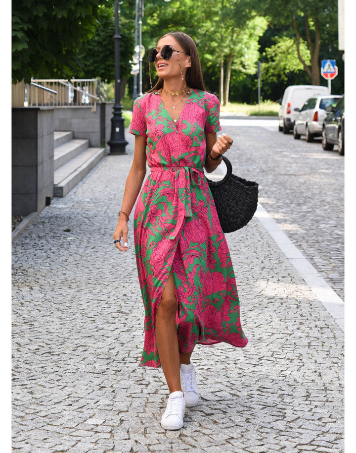 Ramona | Floral Midi Wrap Dress with V Neck and Short Sleeves