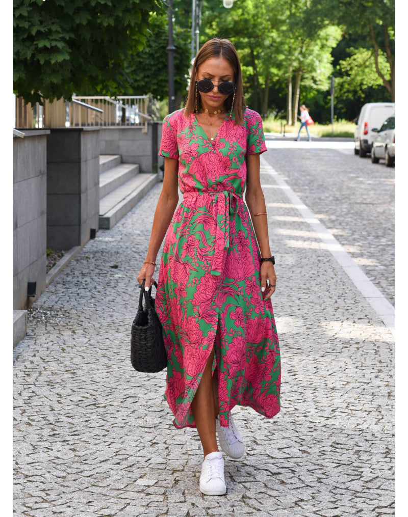 Ramona | Floral Midi Wrap Dress with V Neck and Short Sleeves