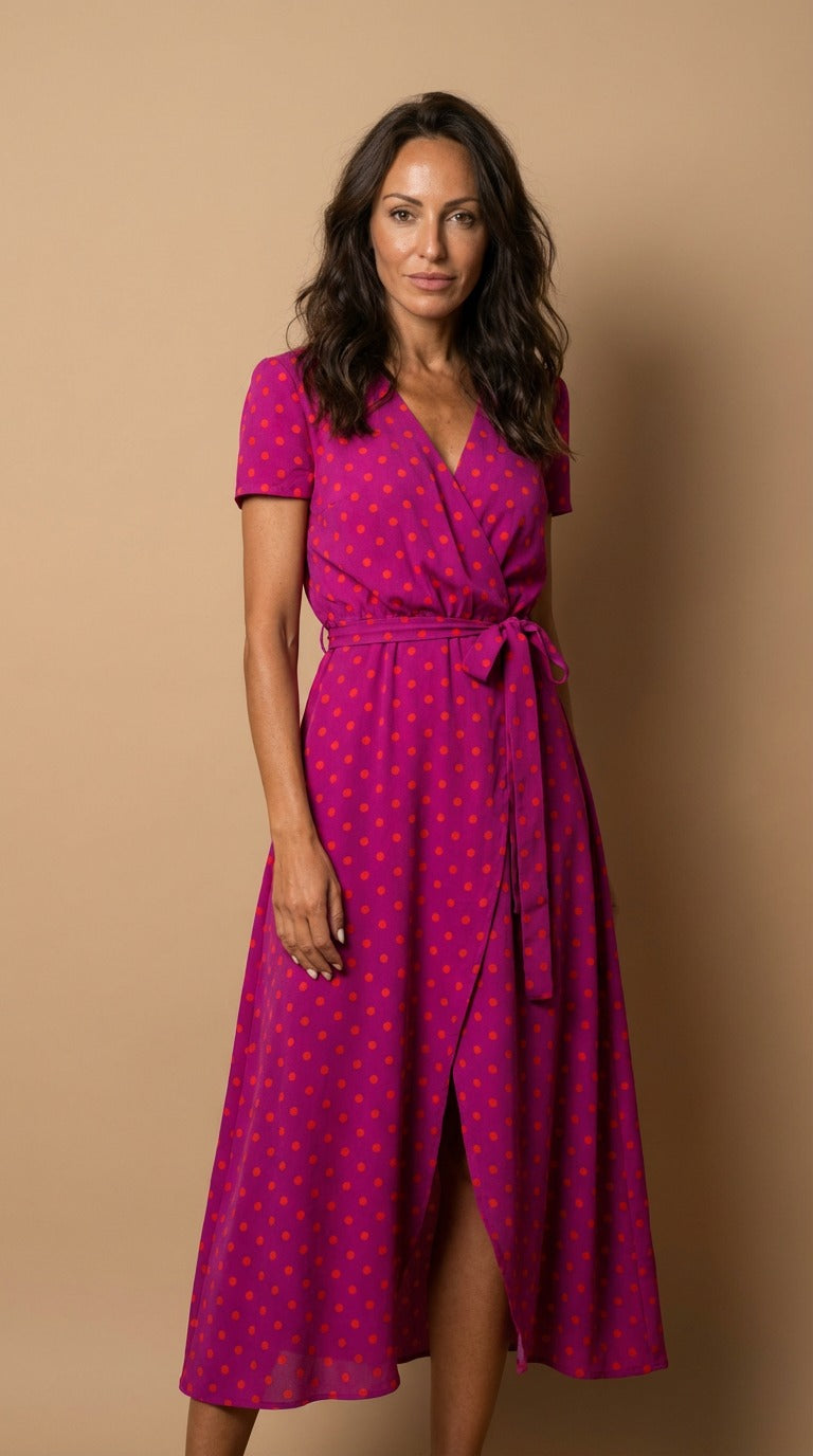Ramona | Floral Midi Wrap Dress with V Neck and Short Sleeves