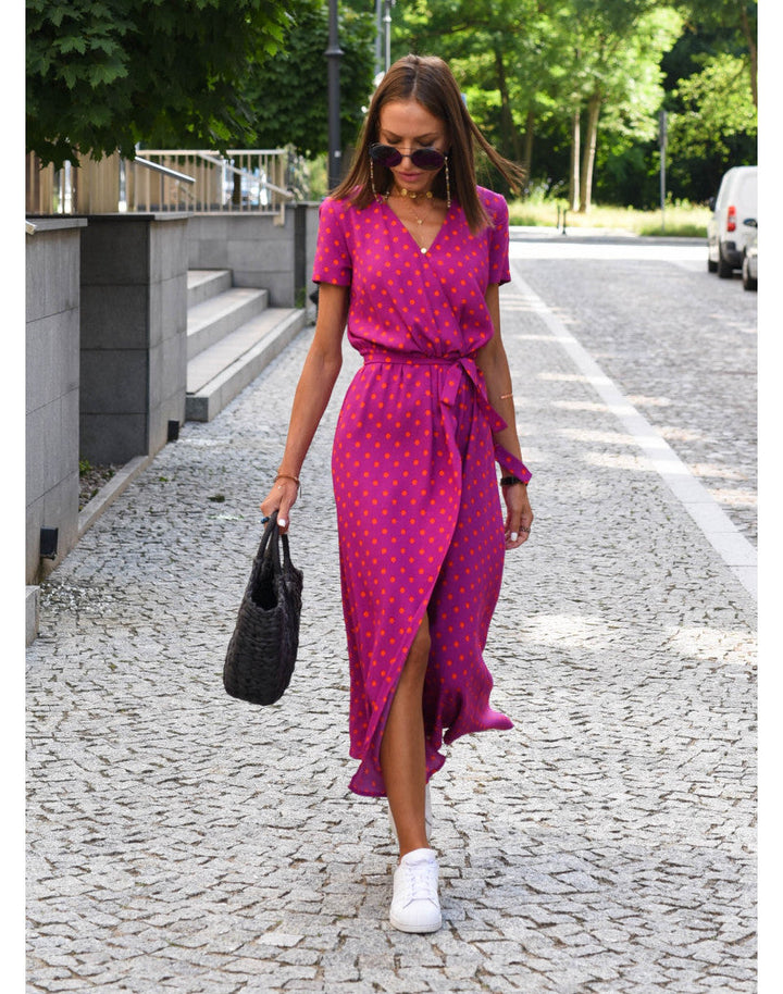 Ramona | Floral Midi Wrap Dress with V Neck and Short Sleeves