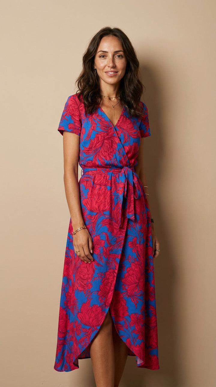 Ramona | Floral Midi Wrap Dress with V Neck and Short Sleeves