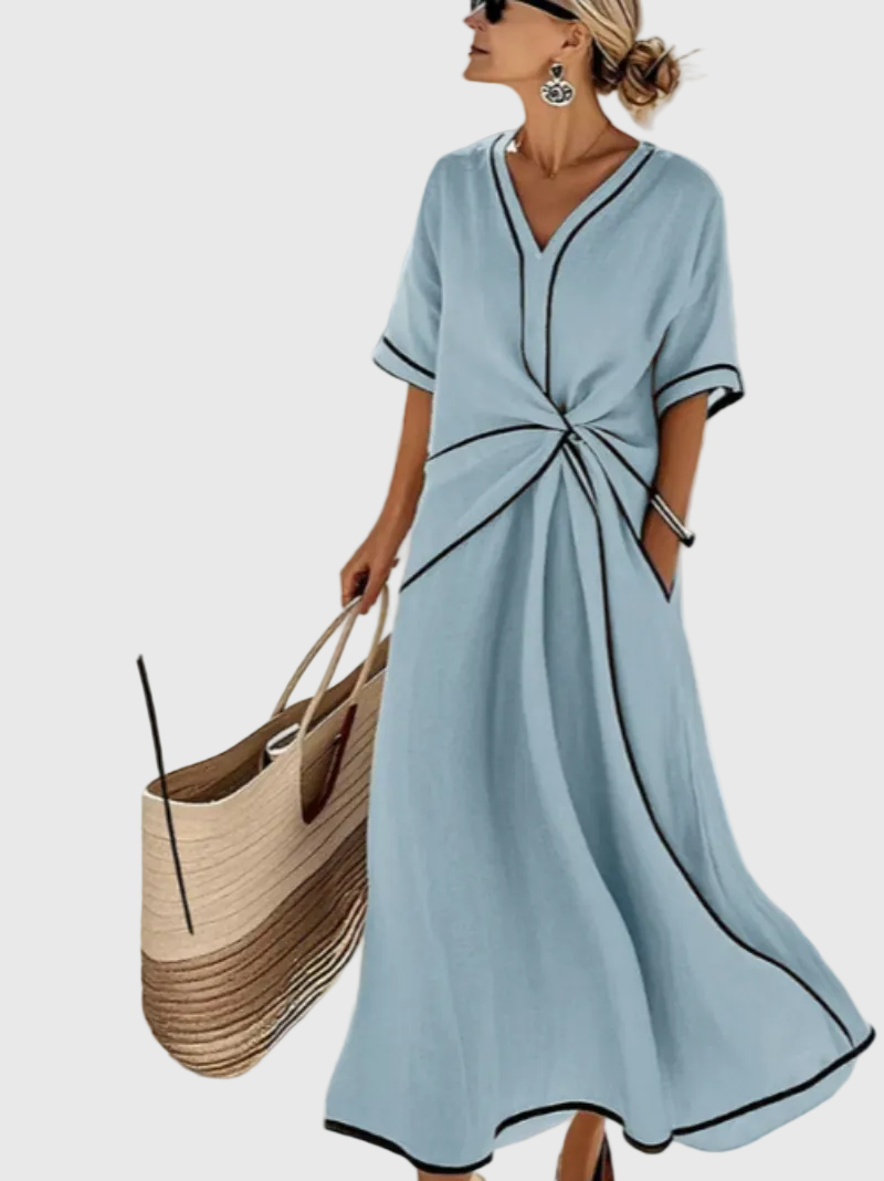 Rebecca | Solid Draped Maxi Dress with V Neck and Contrast Trim