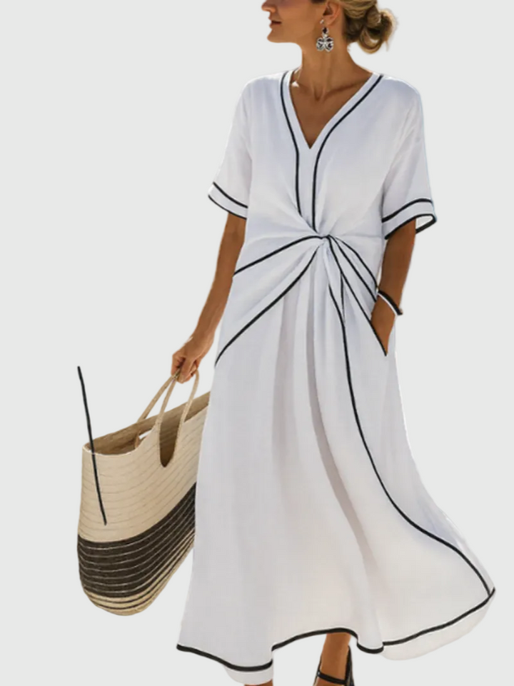 Rebecca | Solid Draped Maxi Dress with V Neck and Contrast Trim