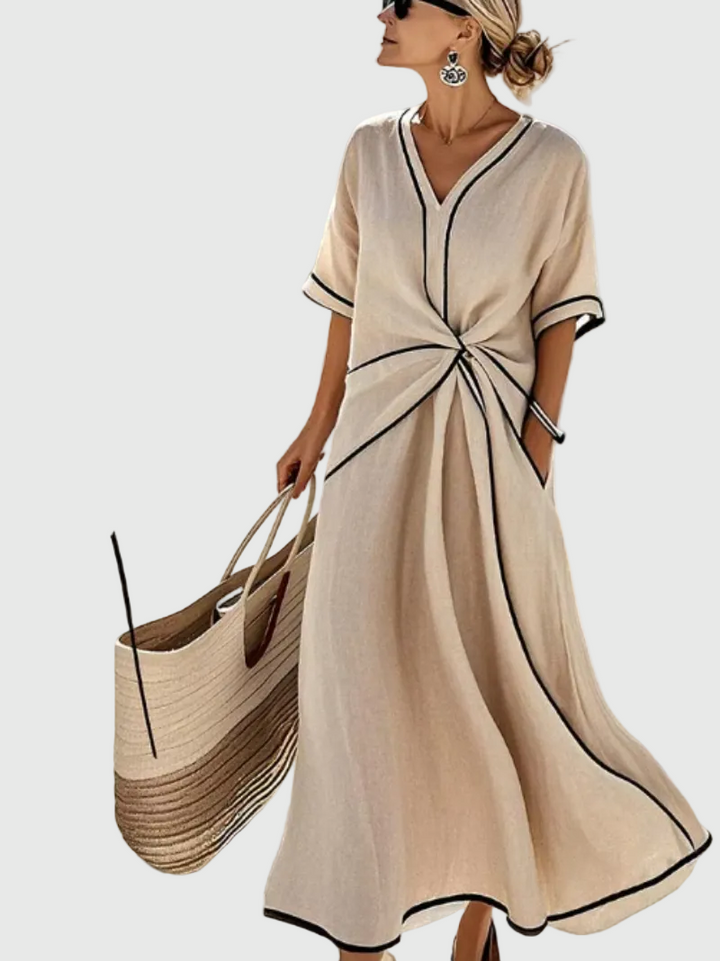 Rebecca | Solid Draped Maxi Dress with V Neck and Contrast Trim