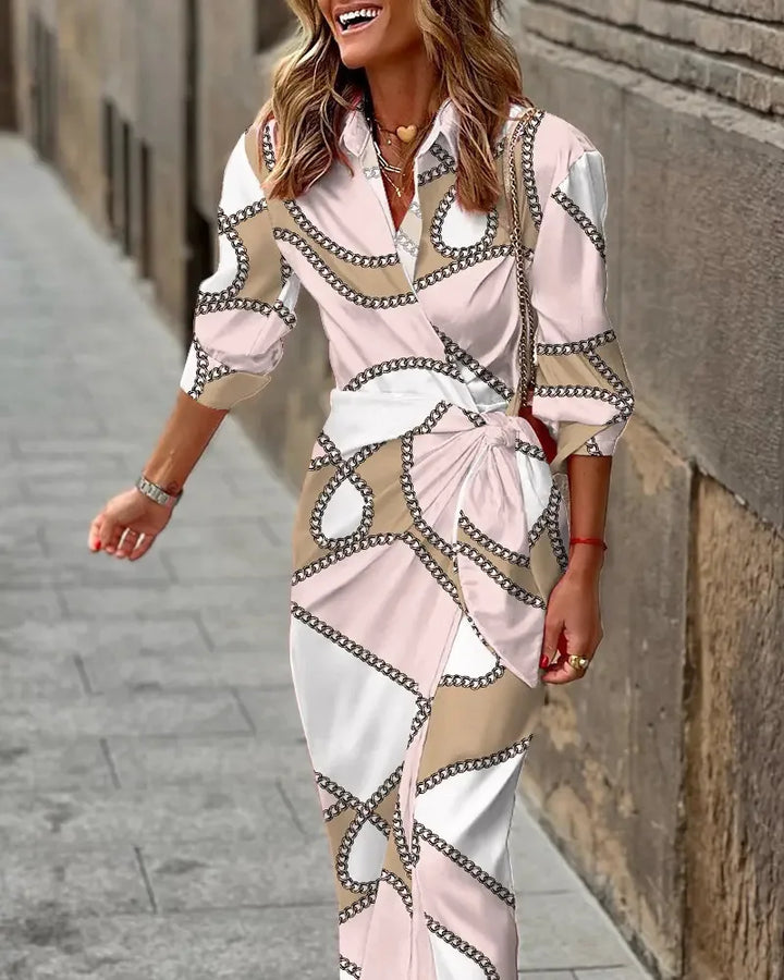 Rhonda | Shirt Midi Wrap Dress with Collar and Three Quarter Sleeves