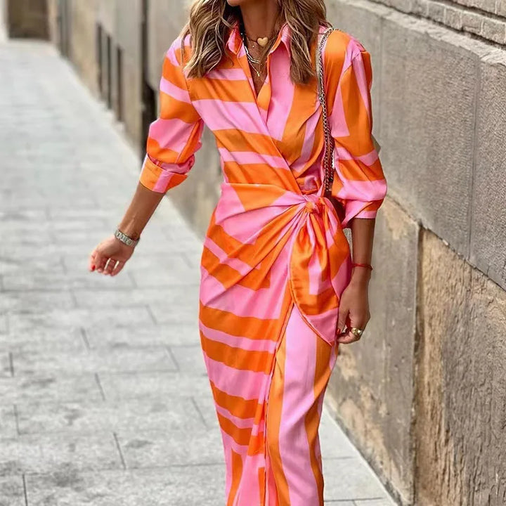 Rhonda | Shirt Midi Wrap Dress with Collar and Three Quarter Sleeves