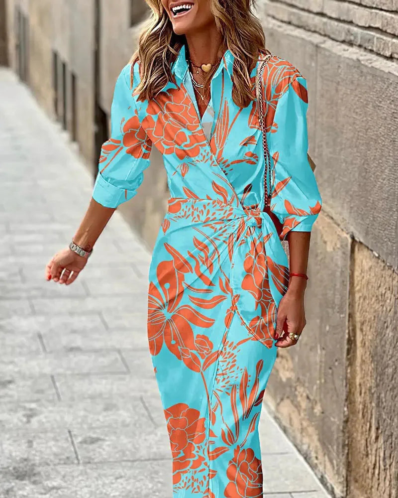 Rhonda | Shirt Midi Wrap Dress with Collar and Three Quarter Sleeves