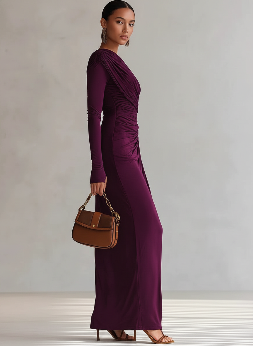 Rhonda | Solid Ruched One Shoulder Maxi Dress with Single Sleeve and Thigh Slit