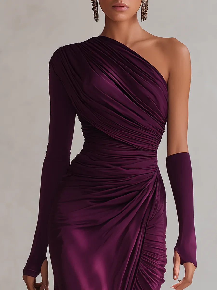 Rhonda | Solid Ruched One Shoulder Maxi Dress with Single Sleeve and Thigh Slit