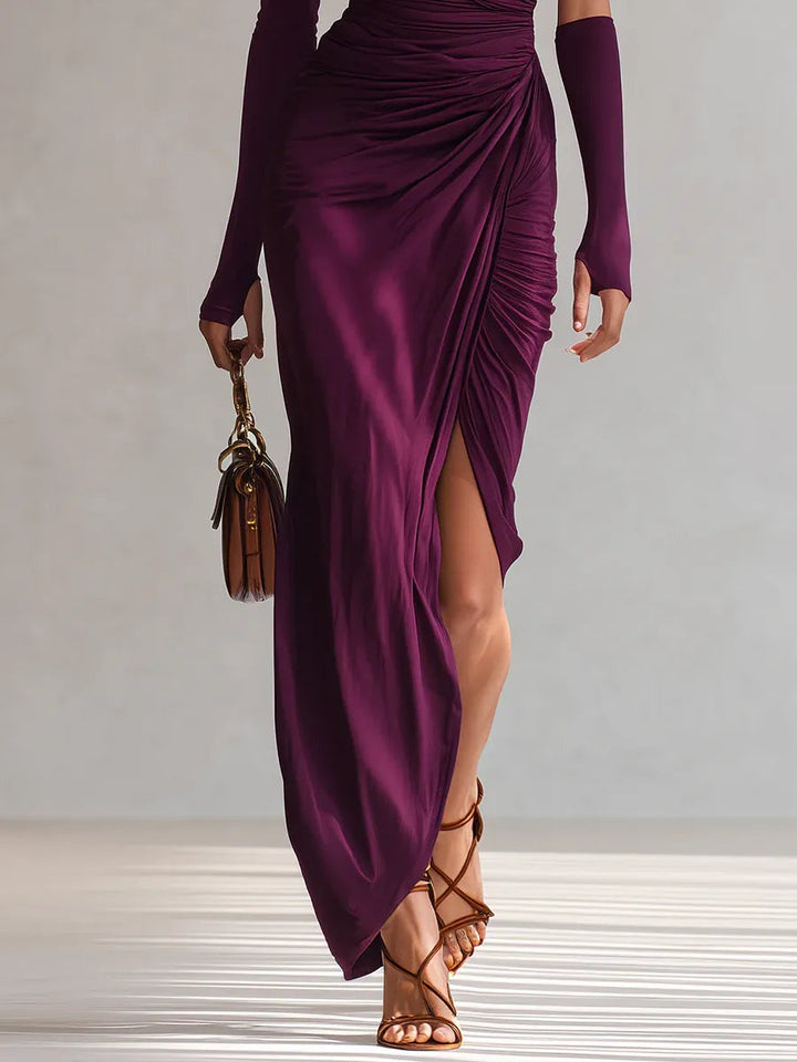 Rhonda | Solid Ruched One Shoulder Maxi Dress with Single Sleeve and Thigh Slit