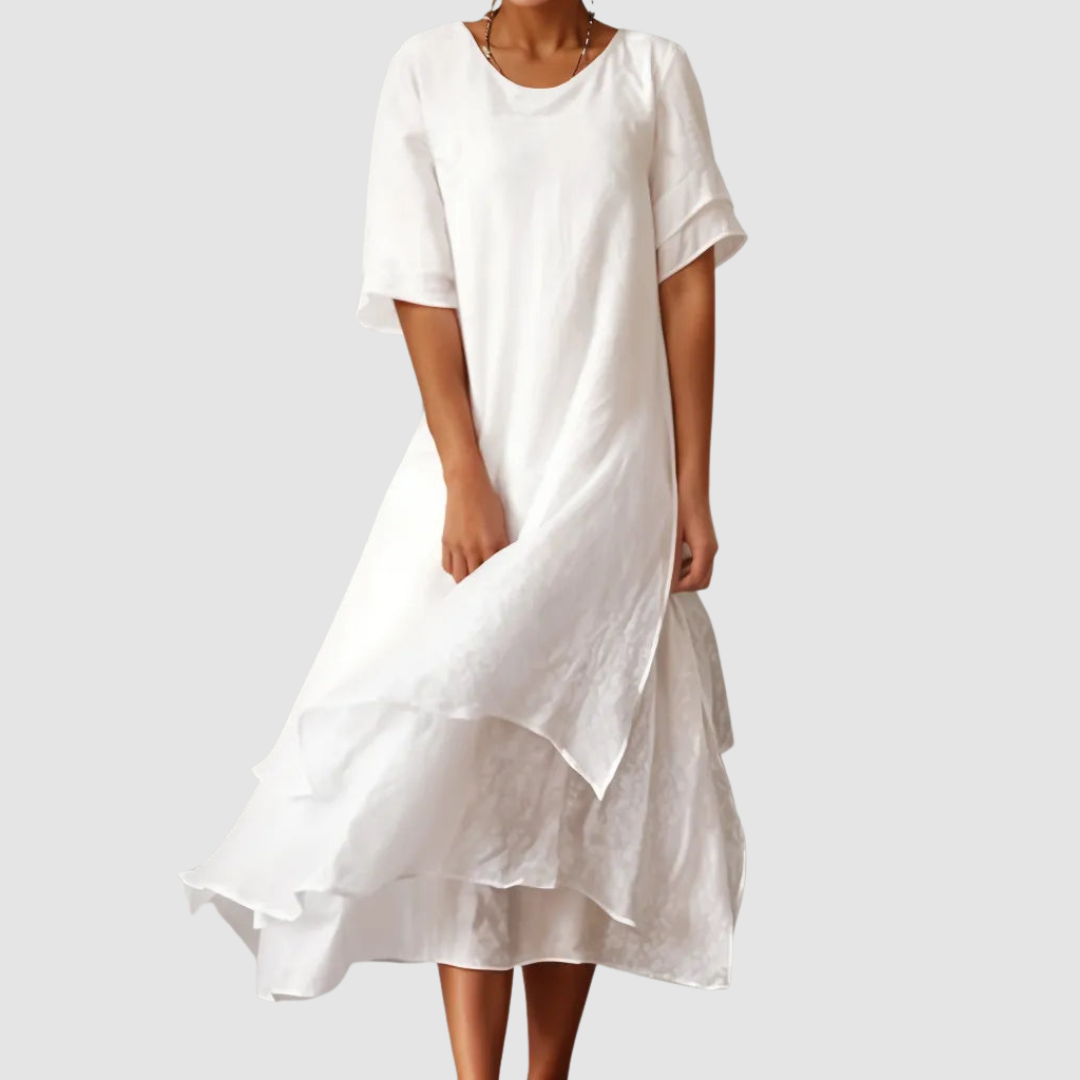 Roberta | Solid Layered Maxi Sundress with Round Neck and Short Sleeves