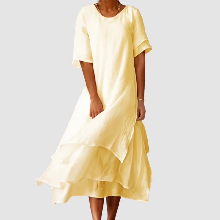 Roberta | Solid Layered Maxi Sundress with Round Neck and Short Sleeves