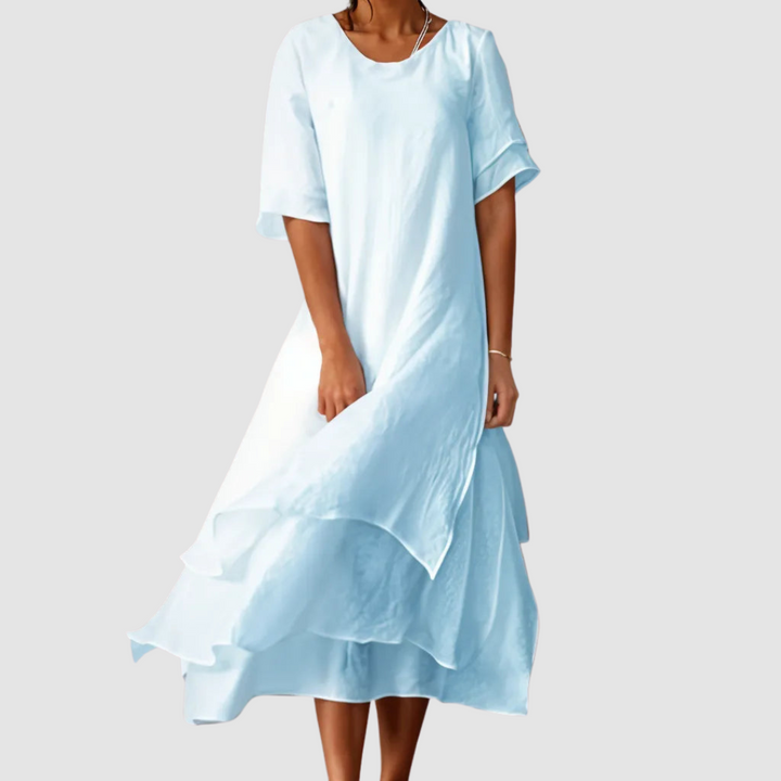 Roberta | Solid Layered Maxi Sundress with Round Neck and Short Sleeves