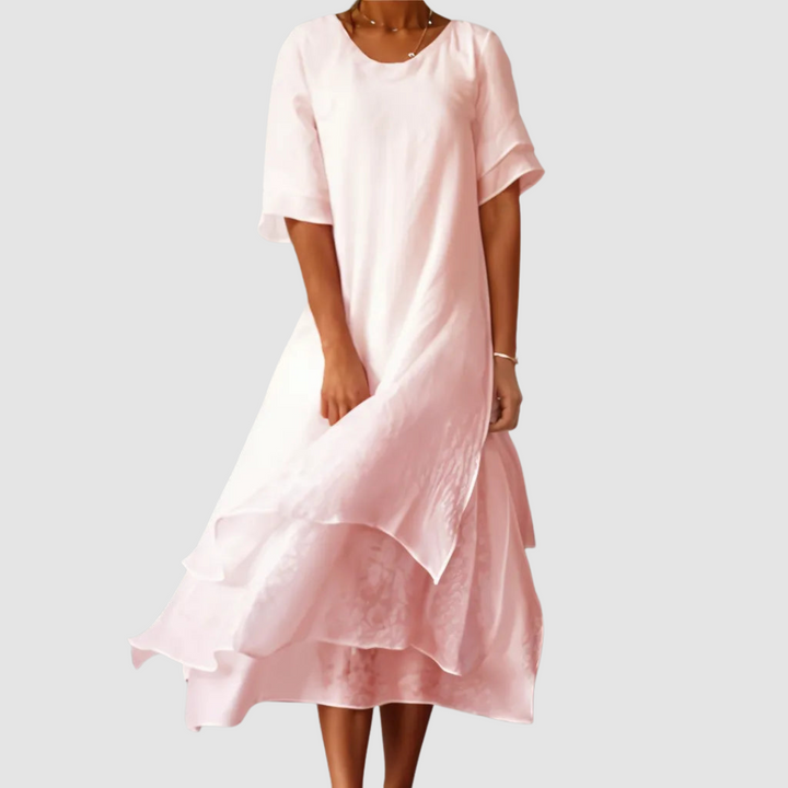 Roberta | Solid Layered Maxi Sundress with Round Neck and Short Sleeves
