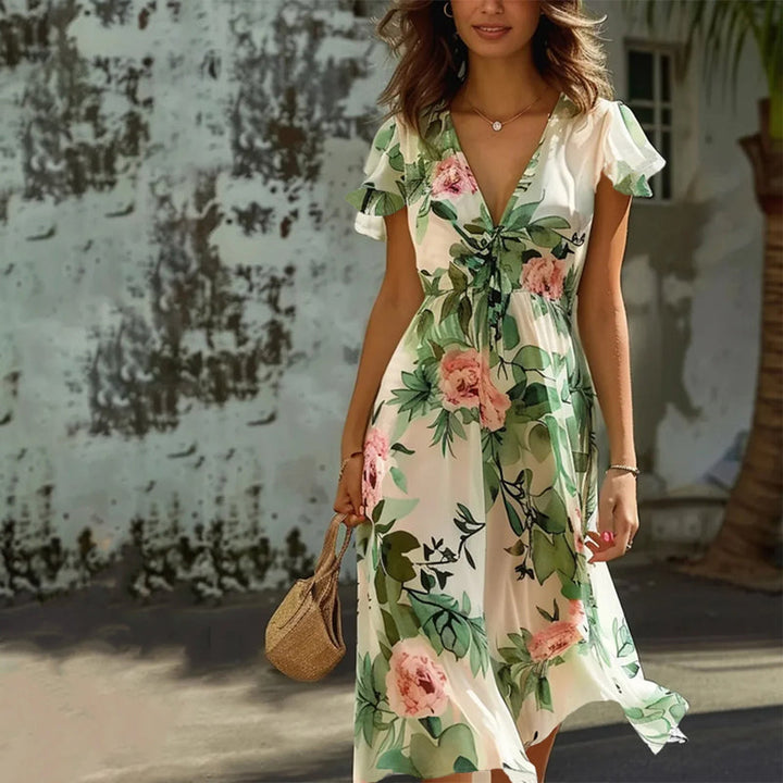 Rosalie | Floral Maxi Sundress with Deep V Neck and Flutter Sleeves