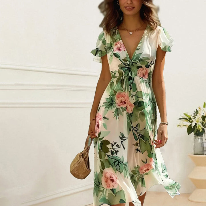 Rosalie | Floral Maxi Sundress with Deep V Neck and Flutter Sleeves