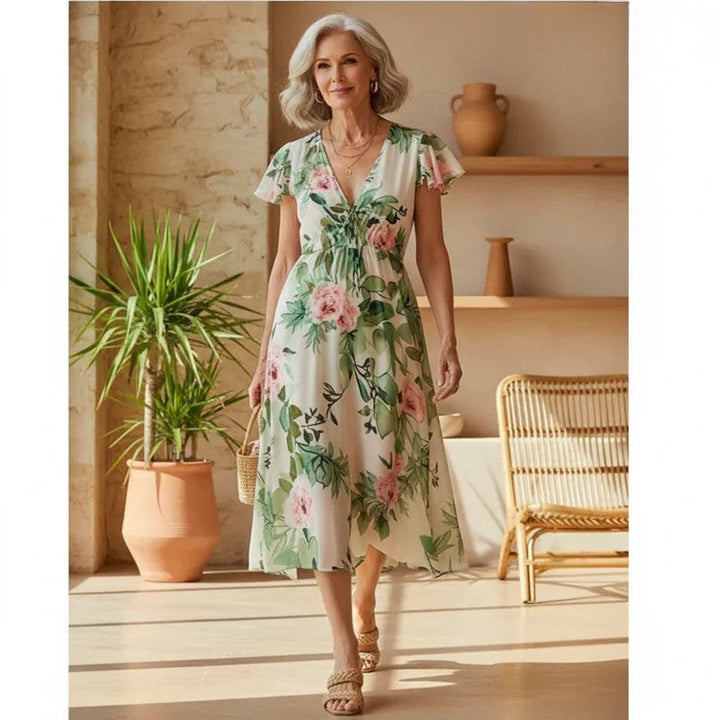 Rosalie | Floral Maxi Sundress with Deep V Neck and Flutter Sleeves
