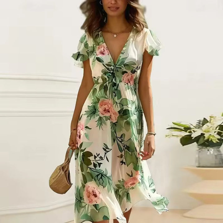 Rosalie | Floral Maxi Sundress with Deep V Neck and Flutter Sleeves