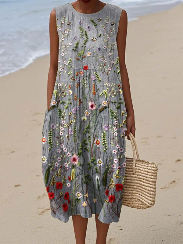 Rosemary | Floral Maxi Sundress with Round Neck and Sleeveless Design