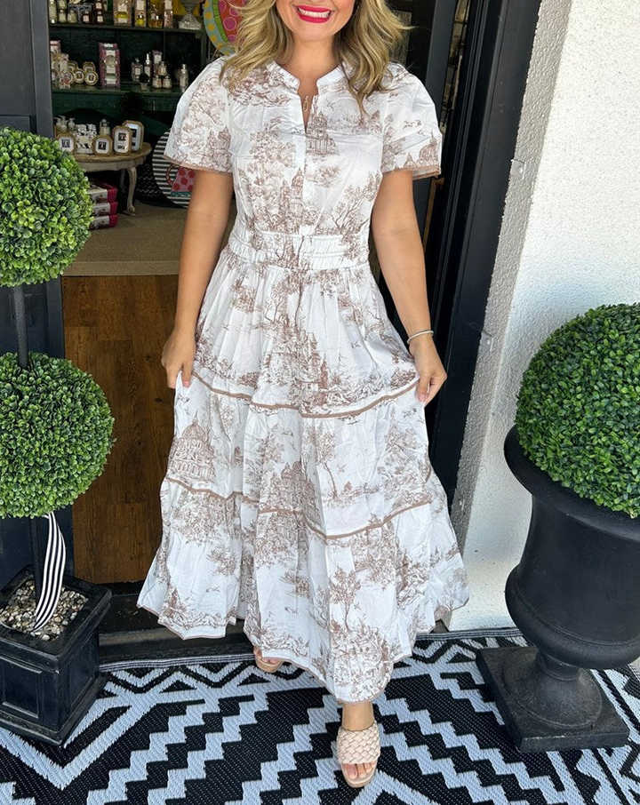 Rosemary | Wedding Guest Maxi Dress with Toile Print and Tiered Skirt