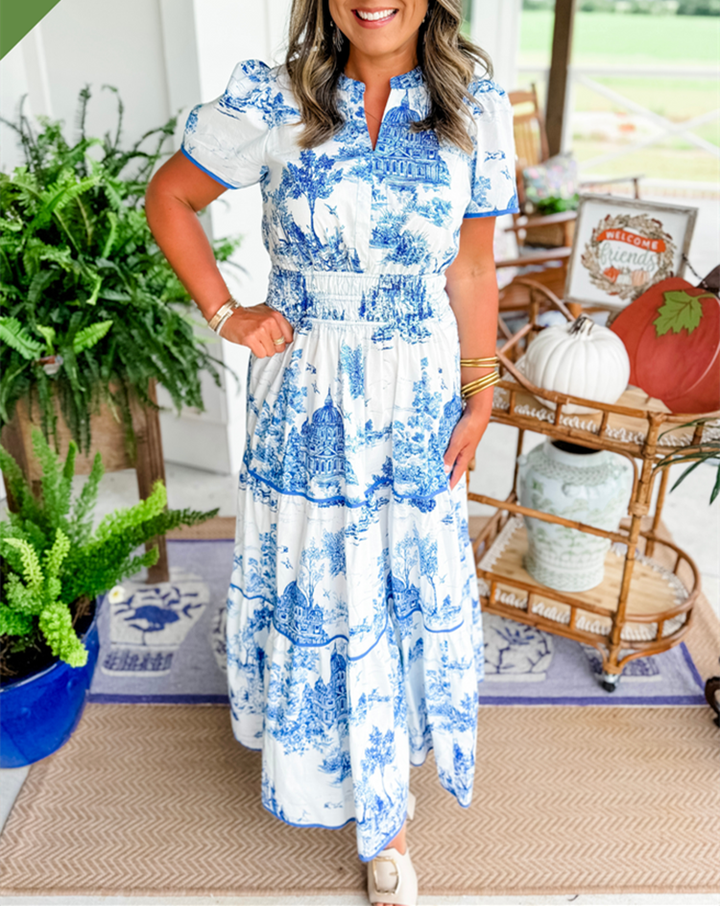 Rosemary | Wedding Guest Maxi Dress with Toile Print and Tiered Skirt