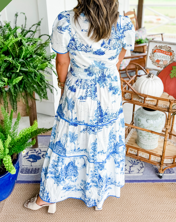 Rosemary | Wedding Guest Maxi Dress with Toile Print and Tiered Skirt