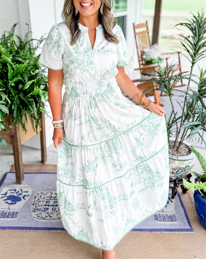 Rosemary | Wedding Guest Maxi Dress with Toile Print and Tiered Skirt