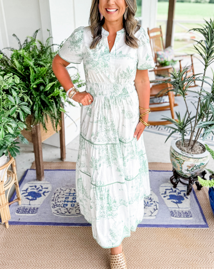 Rosemary | Wedding Guest Maxi Dress with Toile Print and Tiered Skirt