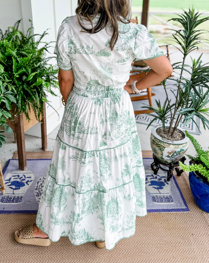 Rosemary | Wedding Guest Maxi Dress with Toile Print and Tiered Skirt