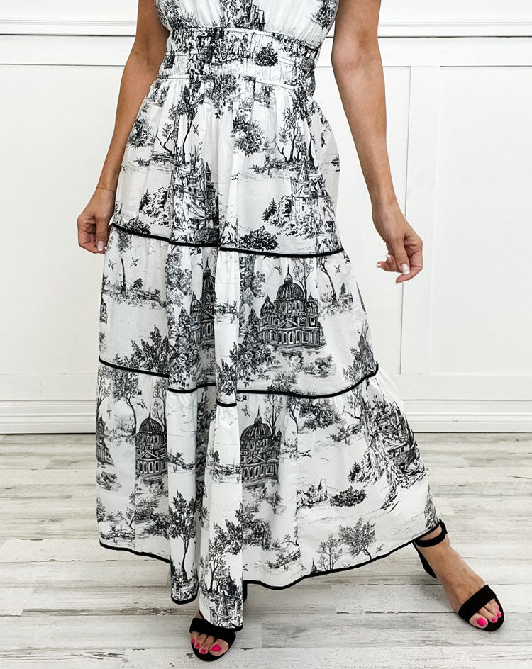Rosemary | Wedding Guest Maxi Dress with Toile Print and Tiered Skirt