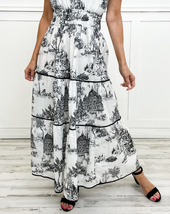 Rosemary | Wedding Guest Maxi Dress with Toile Print and Tiered Skirt