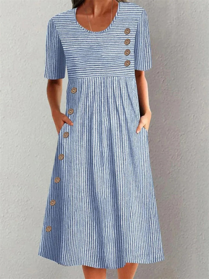 Sandra | Striped Summer Shirt Midi Dress with Round Neck and Pockets