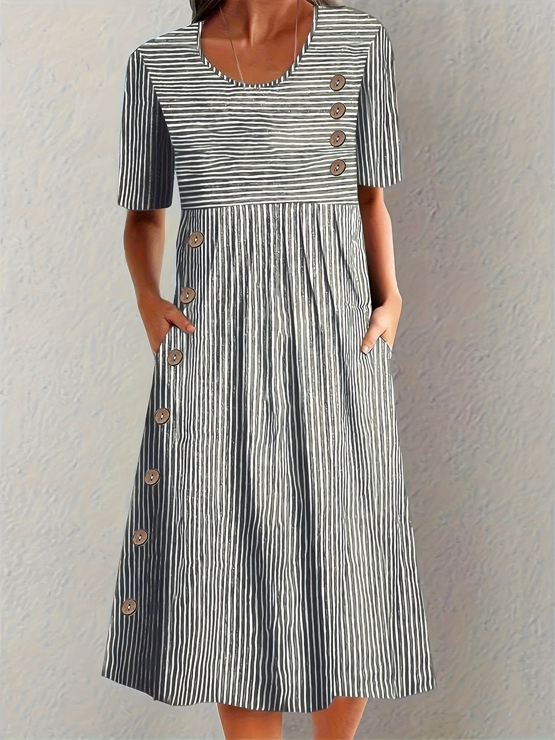 Sandra | Striped Summer Shirt Midi Dress with Round Neck and Pockets