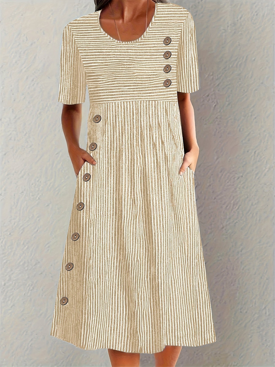 Sandra | Striped Summer Shirt Midi Dress with Round Neck and Pockets