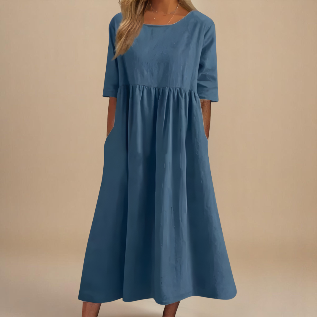 Sandra | Summer Midi Dress with Round Neck and Three Quarter Sleeves