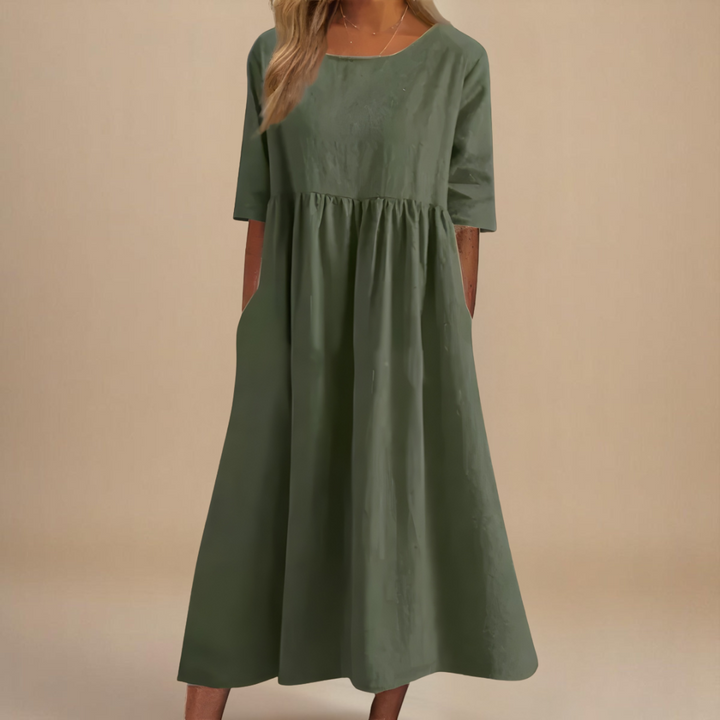 Sandra | Summer Midi Dress with Round Neck and Three Quarter Sleeves