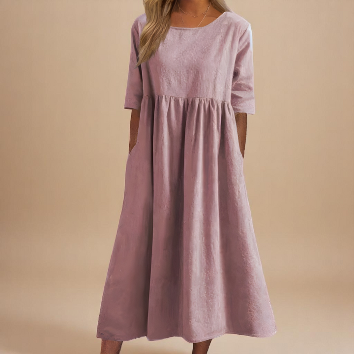 Sandra | Summer Midi Dress with Round Neck and Three Quarter Sleeves
