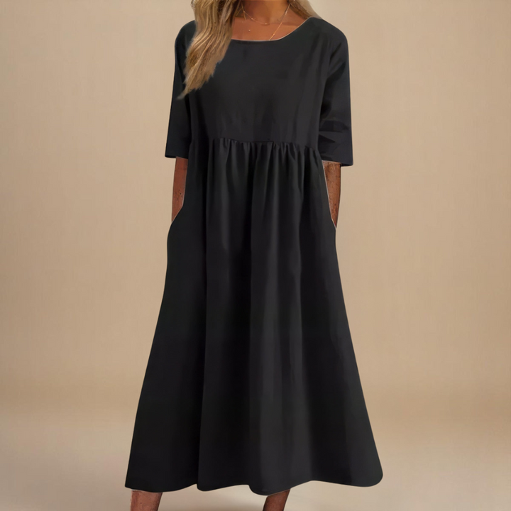 Sandra | Summer Midi Dress with Round Neck and Three Quarter Sleeves
