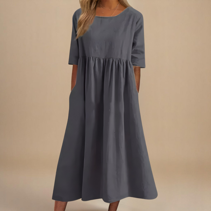 Sandra | Summer Midi Dress with Round Neck and Three Quarter Sleeves