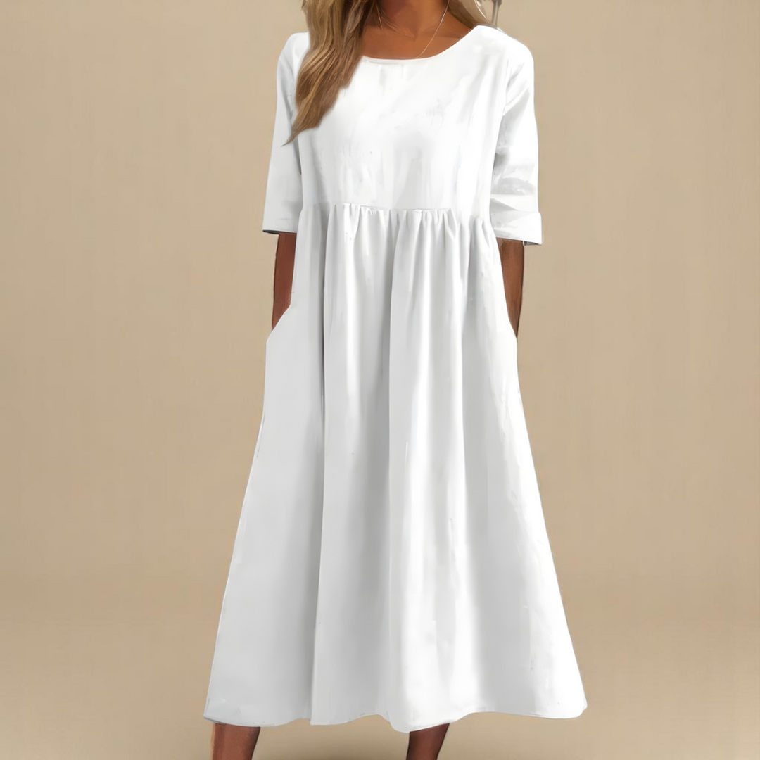 Sandra | Summer Midi Dress with Round Neck and Three Quarter Sleeves