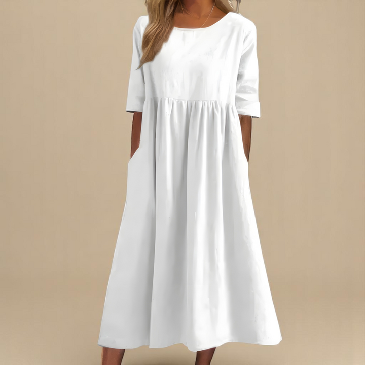 Sandra | Summer Midi Dress with Round Neck and Three Quarter Sleeves
