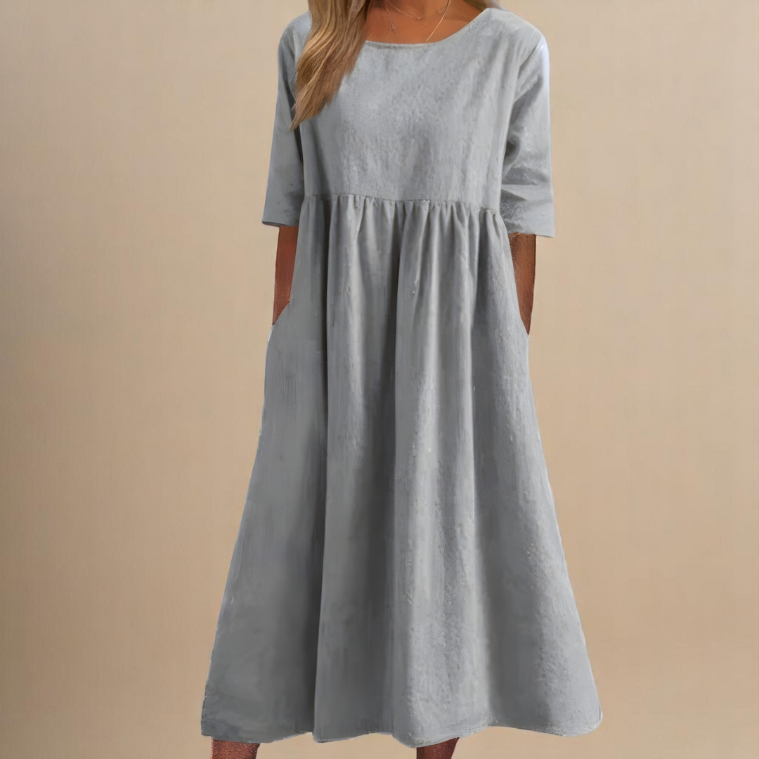 Sandra | Summer Midi Dress with Round Neck and Three Quarter Sleeves