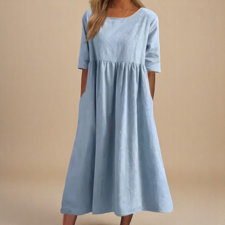 Sandra | Summer Midi Dress with Round Neck and Three Quarter Sleeves