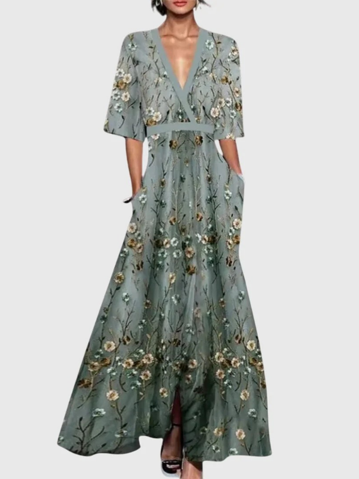 Sharon | Floral Wrap Maxi Dress with V Neck and Flutter Sleeves