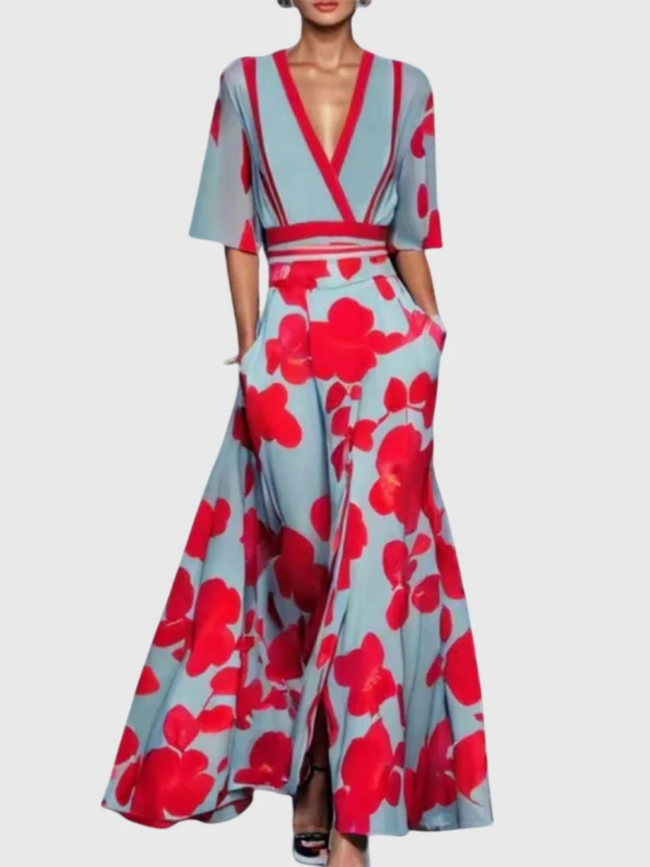 Sharon | Floral Wrap Maxi Dress with V Neck and Flutter Sleeves