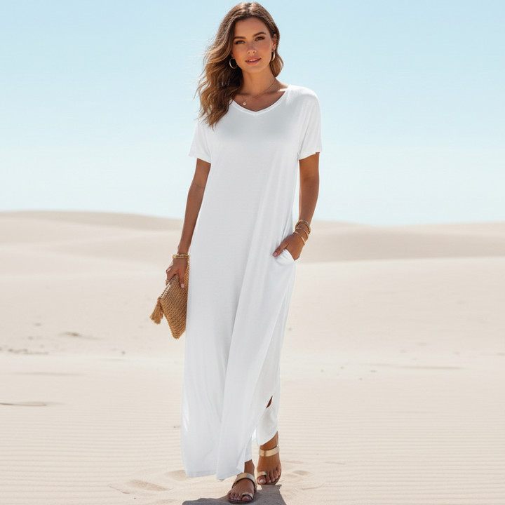Shirley | Summer Maxi Dress with V Neck and Short Sleeves