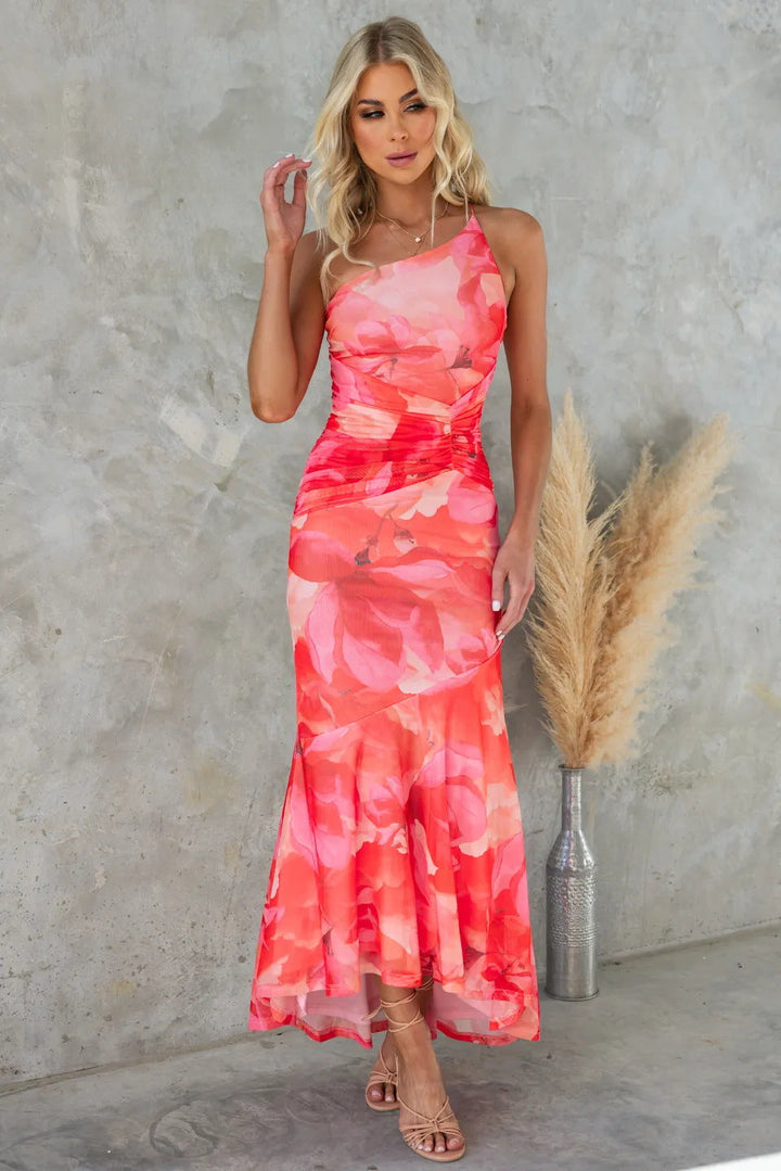 Simone | Floral Maxi Dress with One Shoulder Neckline and Asymmetric Hem