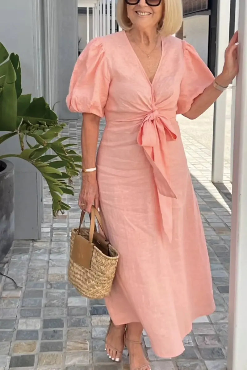 Simone | Solid Wrap Maxi Dress with Puff Sleeves and Bow Tie Waist